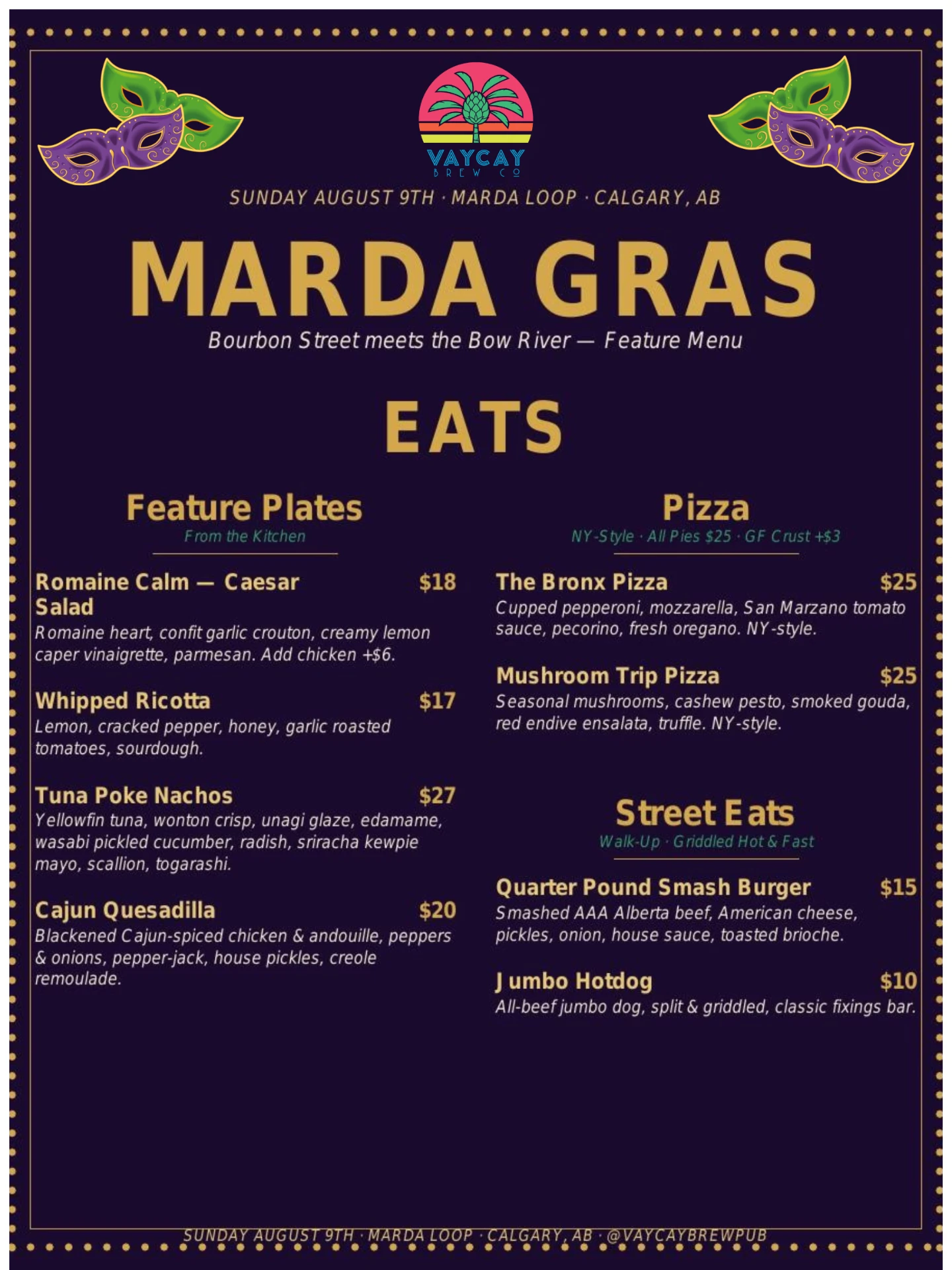 Marda Gras feature eats menu — feature plates, NY-style pizza and street eats