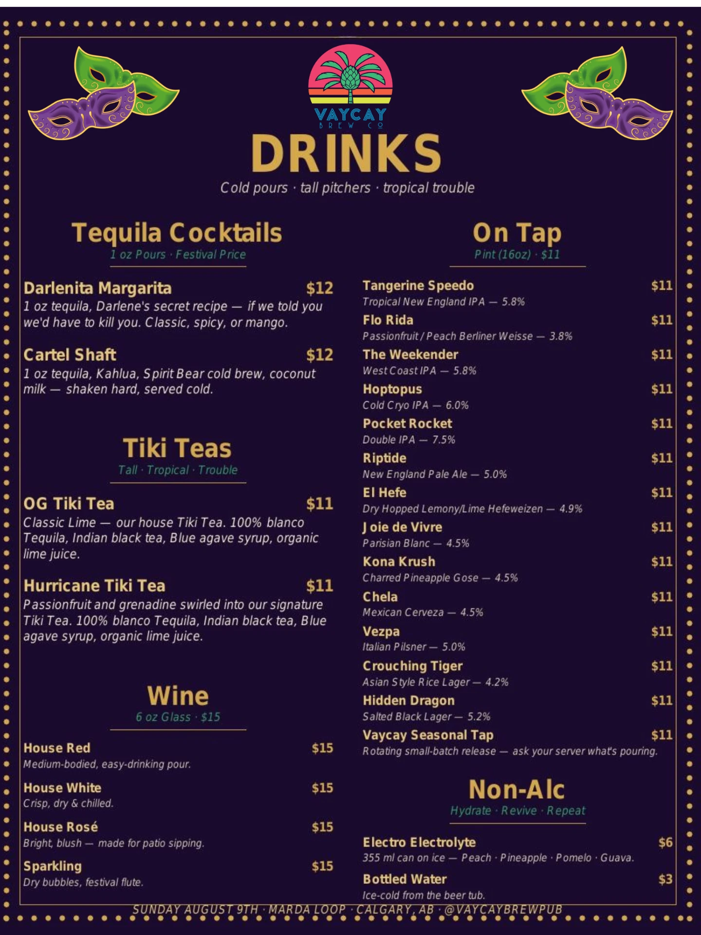 Marda Gras drinks menu — tequila cocktails, tiki teas, wine and beers on tap